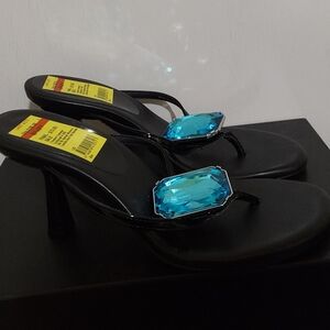 Aminah AAJ Black Heeled Thong Sandals with Aqua Gem Accent